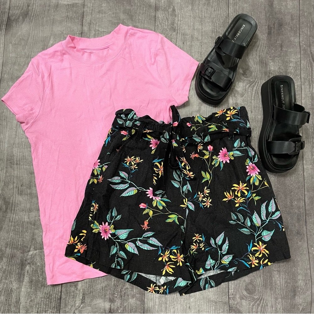 A.N.A. Black Floral “Paper Bag” Shorts with Tie